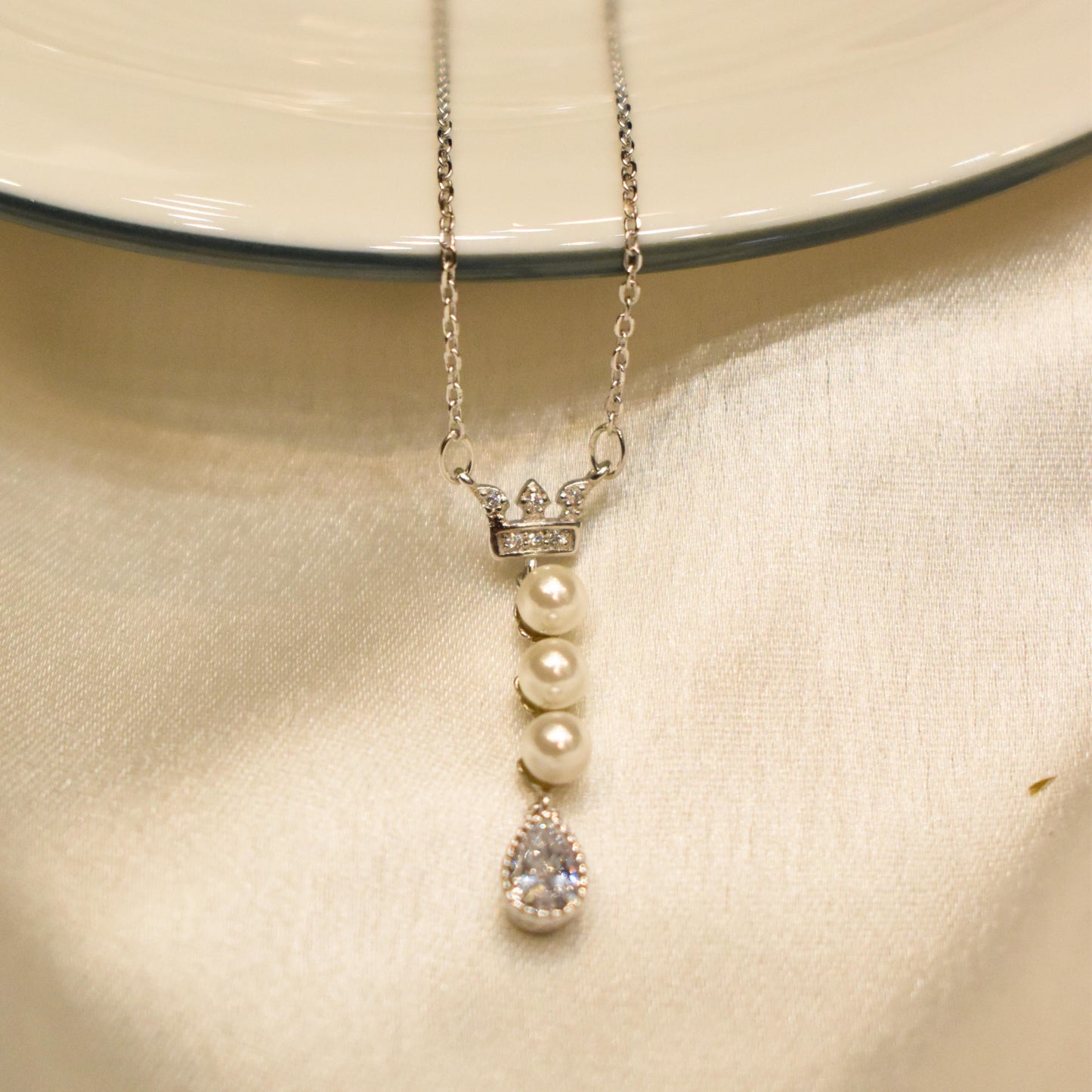 Tiny Crown with Pearls Pendant Chain