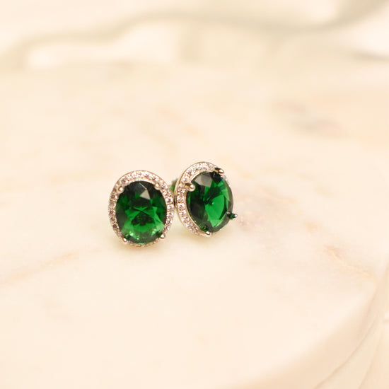 Green Oval Shaped Silver Earrings