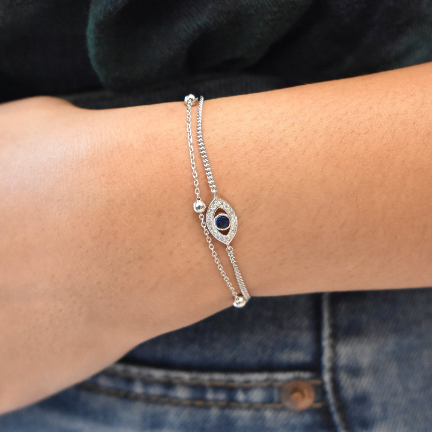 Double Line Evil Eye Silver Bracelet