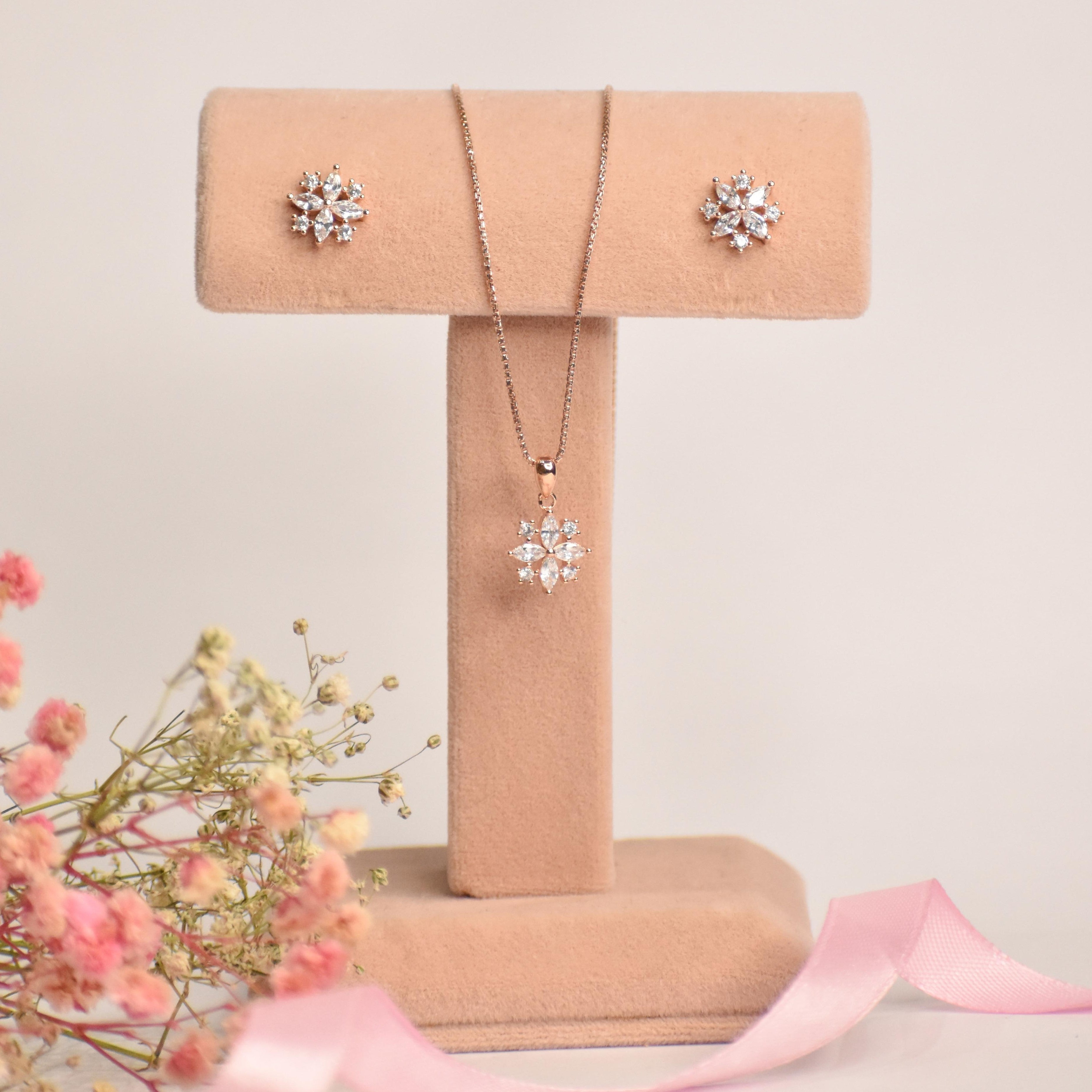 Flower Rosegold Sterling Silver Pendant Set