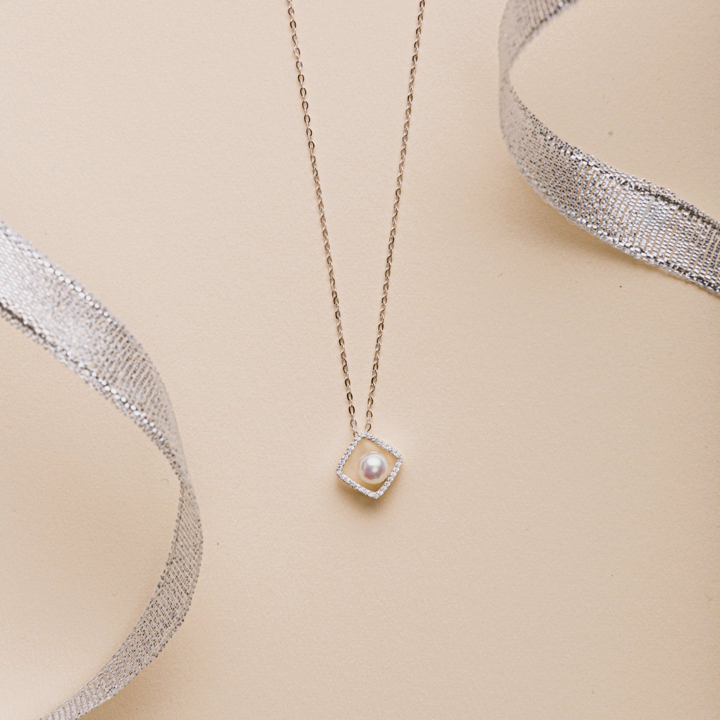 Pearl under Diamond Silver Pendant with Chain