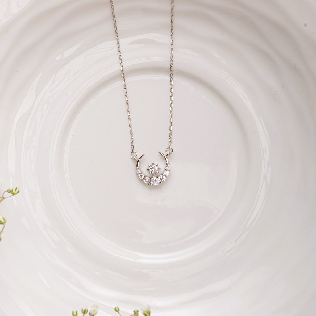 Moon with a Diamond Sterling Silver Pendant with Chain