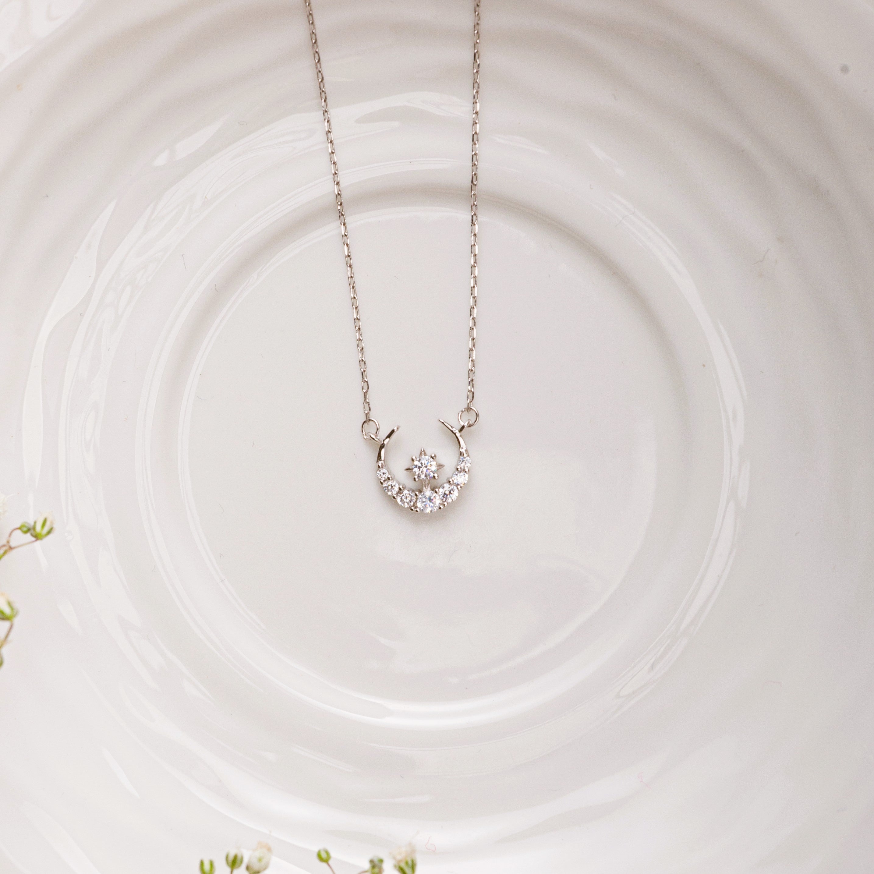 Moon with a Diamond Sterling Silver Pendant with Chain