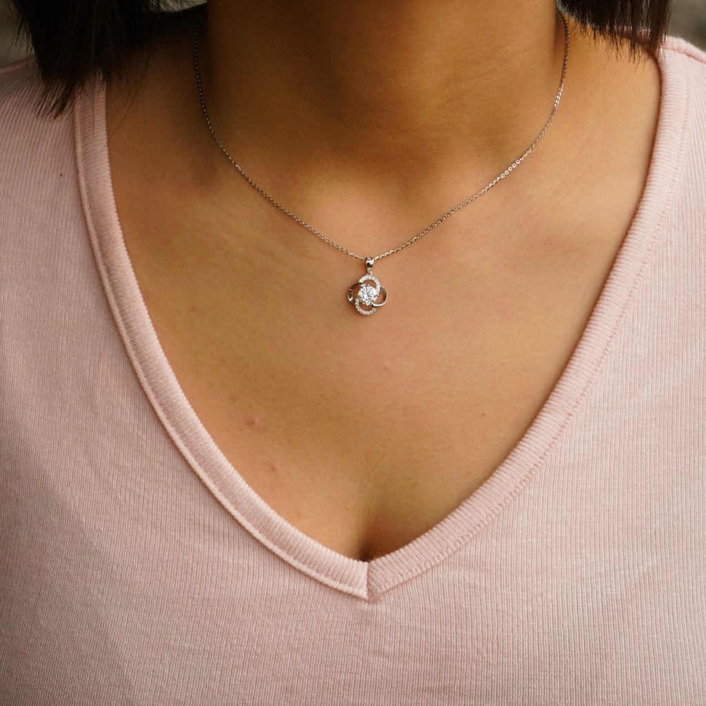 Floral Cluster with Round Solitaire Sterling Silver Pendant Chain