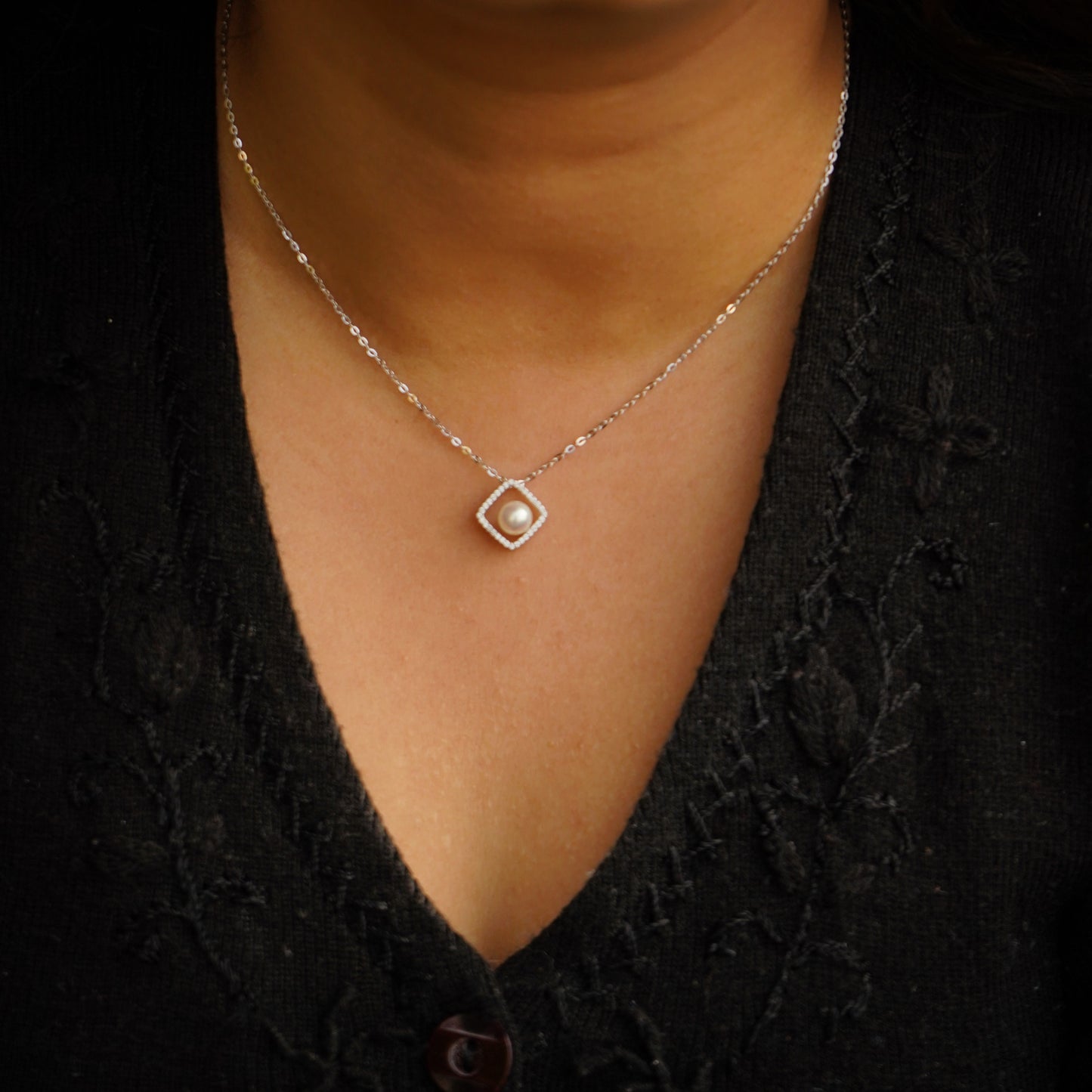 Pearl under Diamond Silver Pendant with Chain