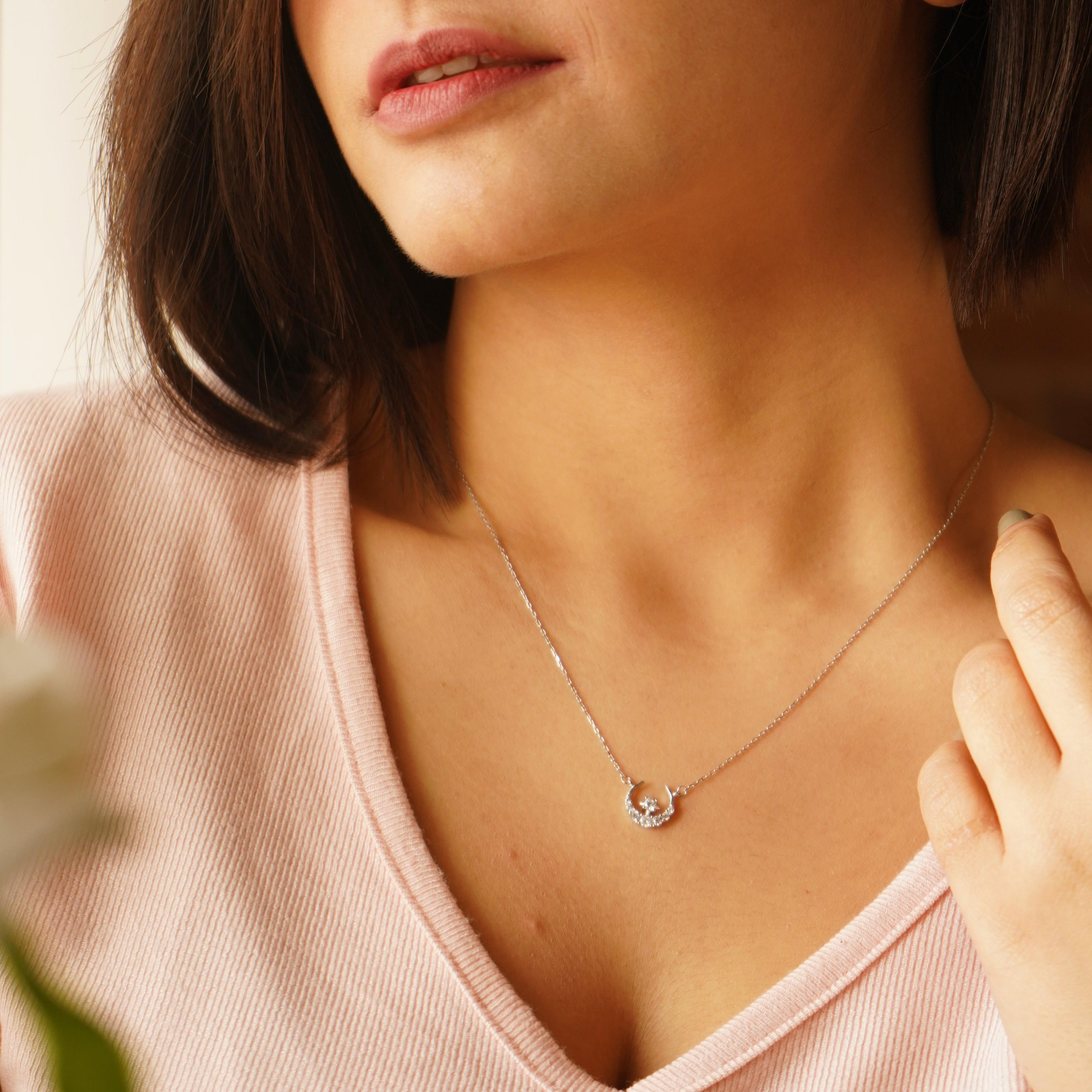 Moon with a Diamond Sterling Silver Pendant with Chain