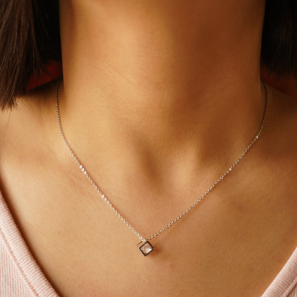 Cube with Baby Solitaire Sterling Silver with Pendant Chain