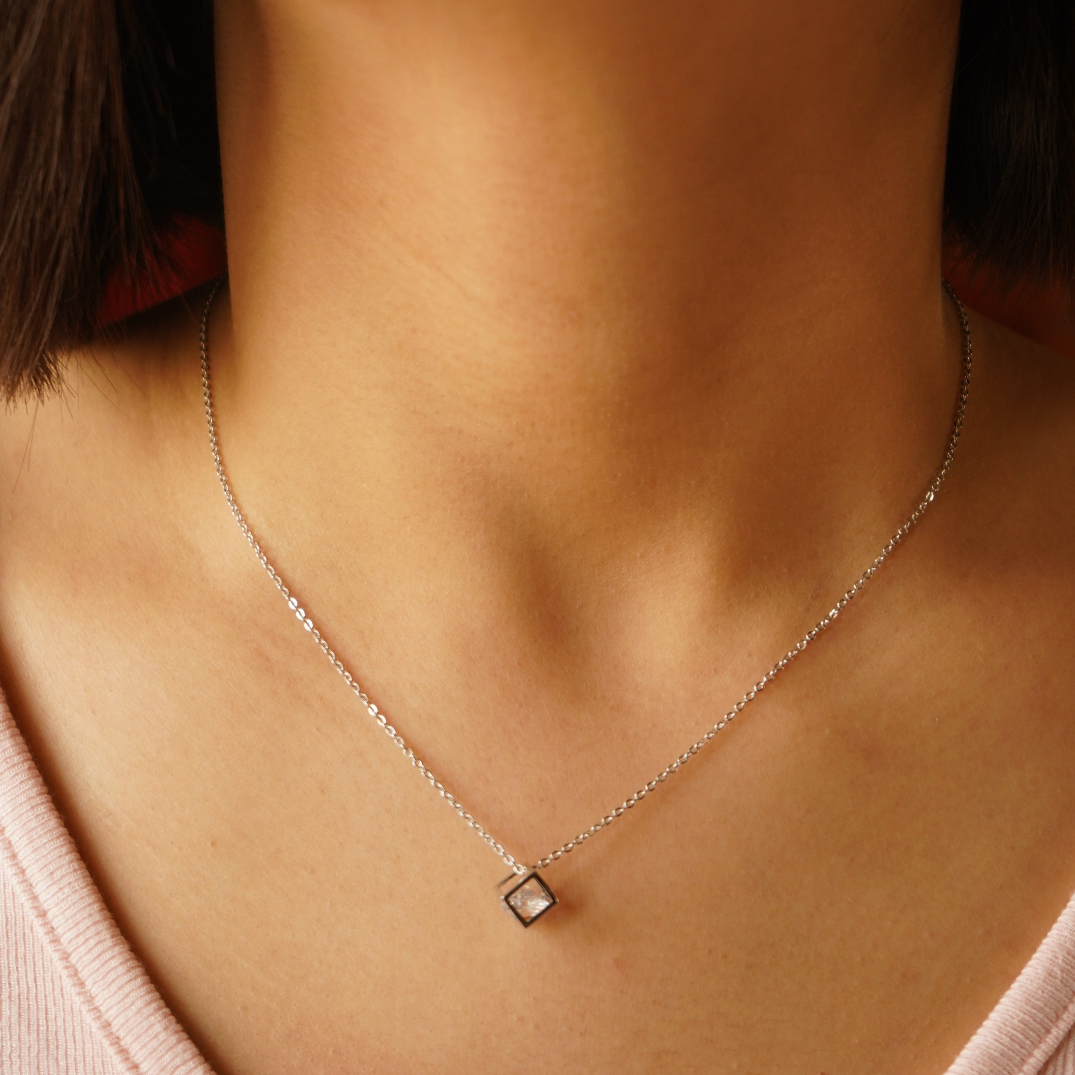 Cube with Baby Solitaire Sterling Silver with Pendant Chain