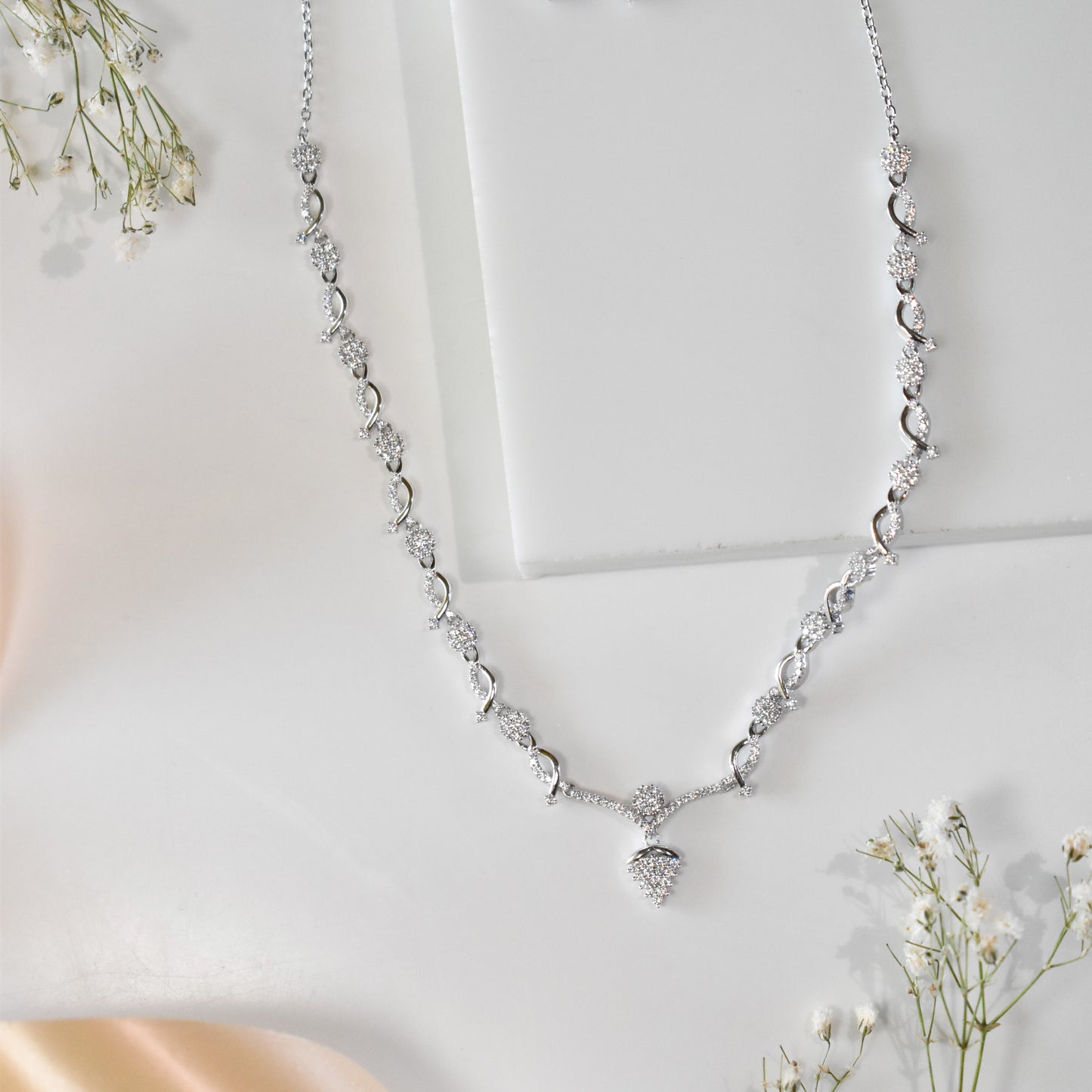 Dainty Silver Necklace with Earrings