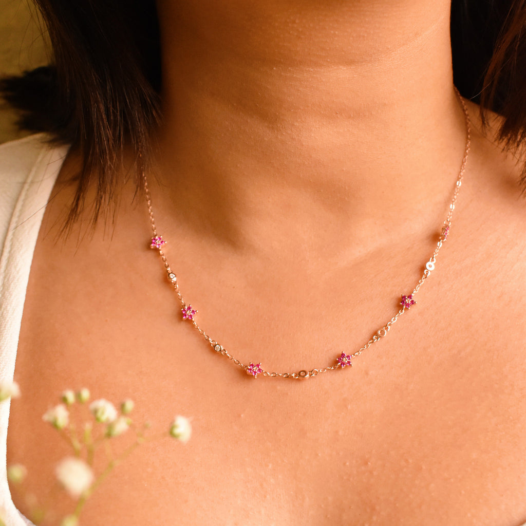 Floral Rosegold Necklace with Pink Flowers