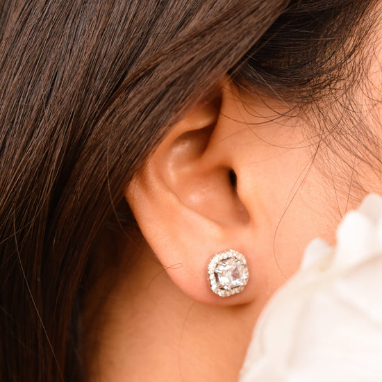 Hexagon Solitaire Silver Earrings