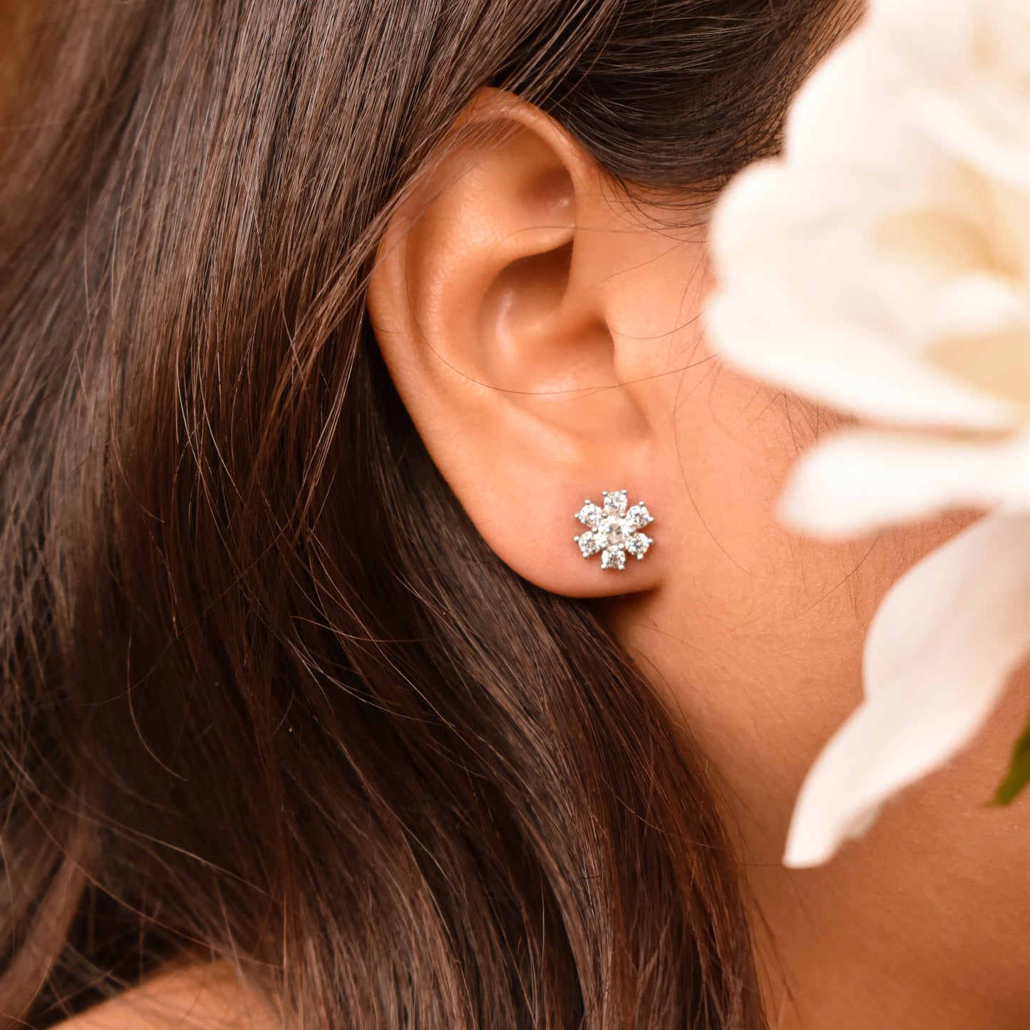 Diamond Floral Silver Earrings