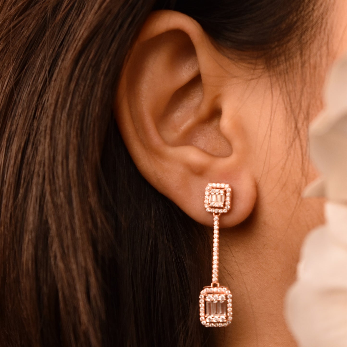 Dual Square Rosegold Hanging Earring