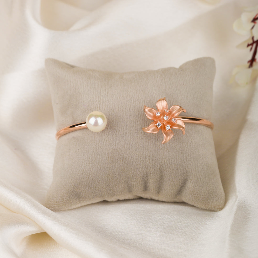 Flower and Pearl Detailing Rosegold Kada Bracelet
