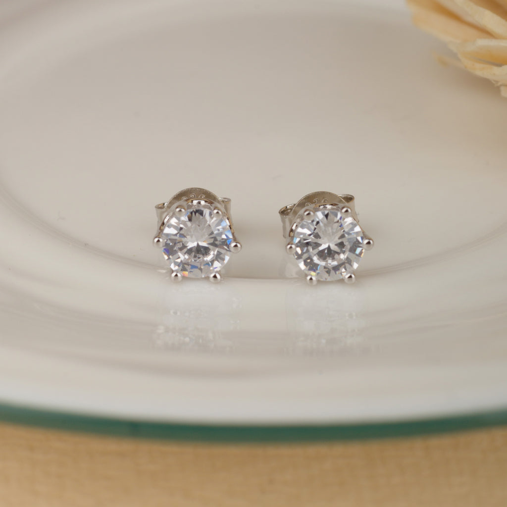 Classic Solitaire Silver Earrings