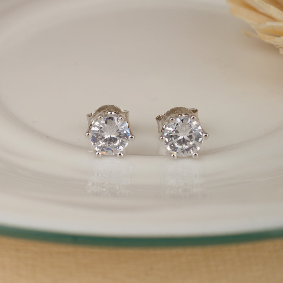 Classic Solitaire Silver Earrings