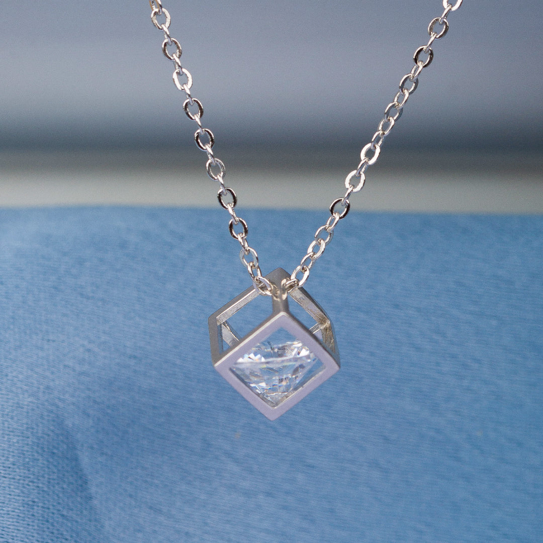 Cube with Baby Solitaire Sterling Silver with Pendant Chain