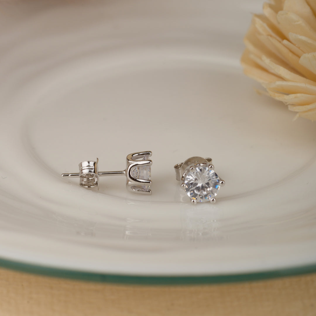 Classic Solitaire Silver Earrings