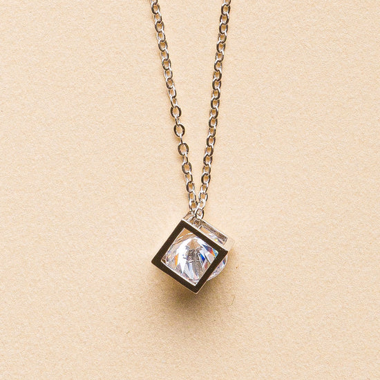 Cube with Baby Solitaire Sterling Silver with Pendant Chain