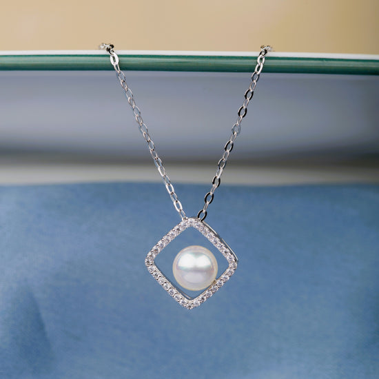 Pearl under Diamond Silver Pendant with Chain