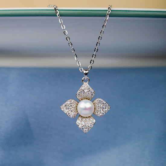 Flower with pearl Sterling Silver Pendant Chain