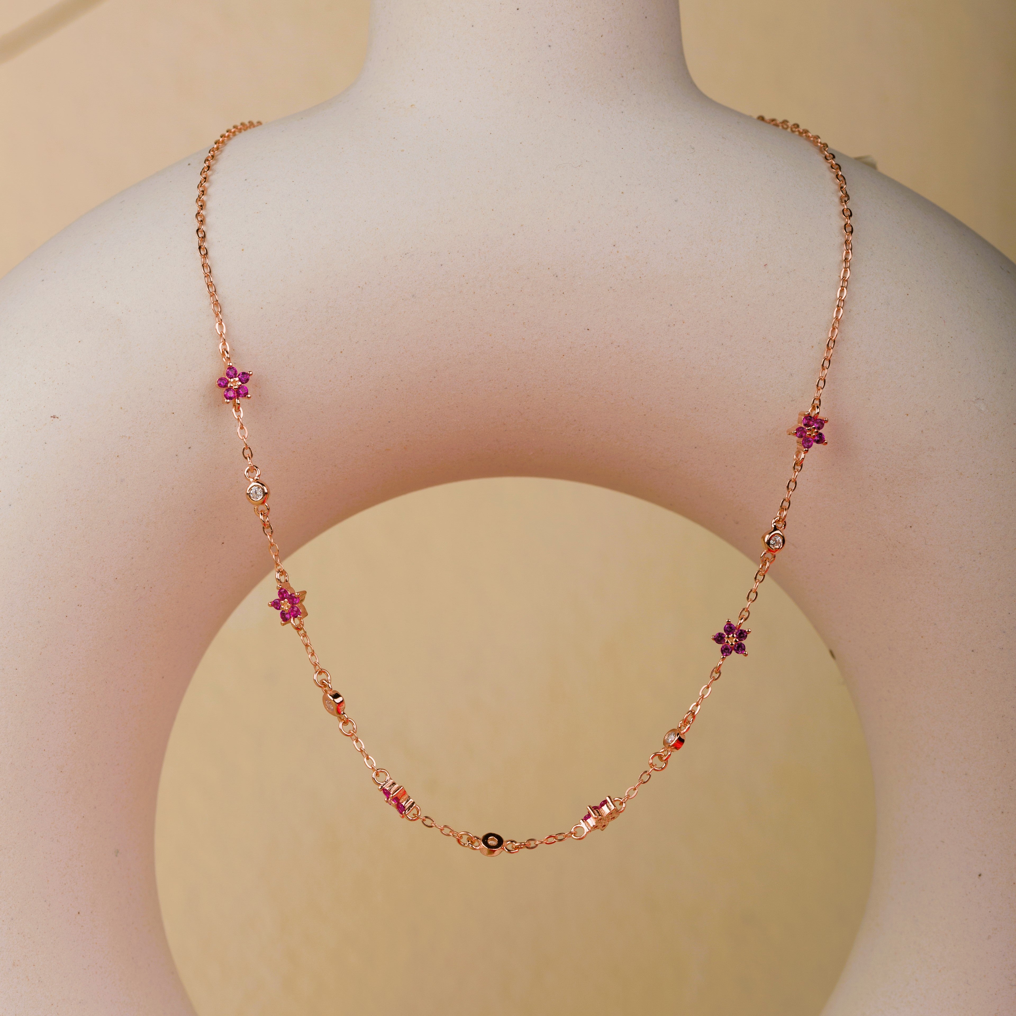 Floral Rosegold Necklace with Pink Flowers