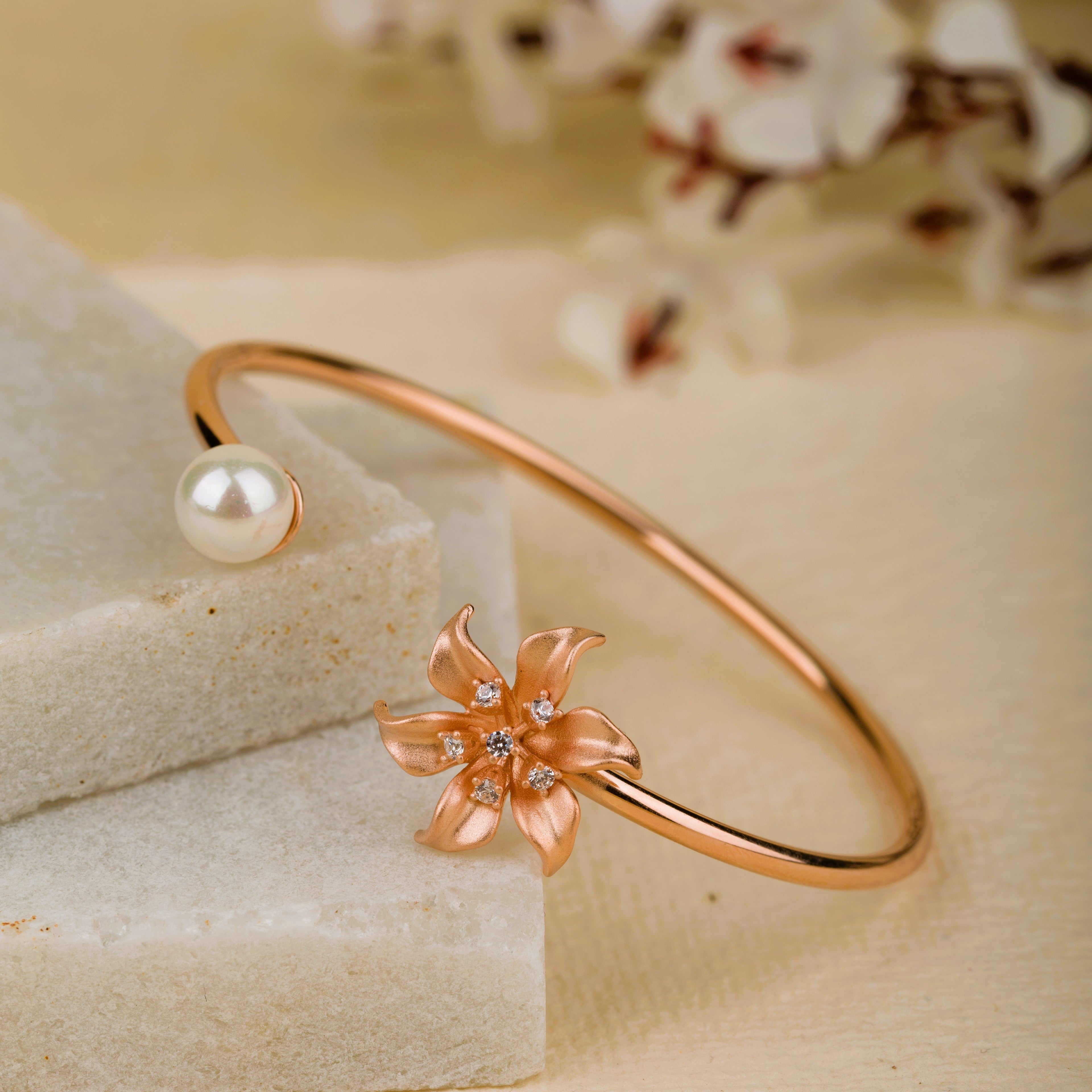 Flower and Pearl Detailing Rosegold Kada Bracelet
