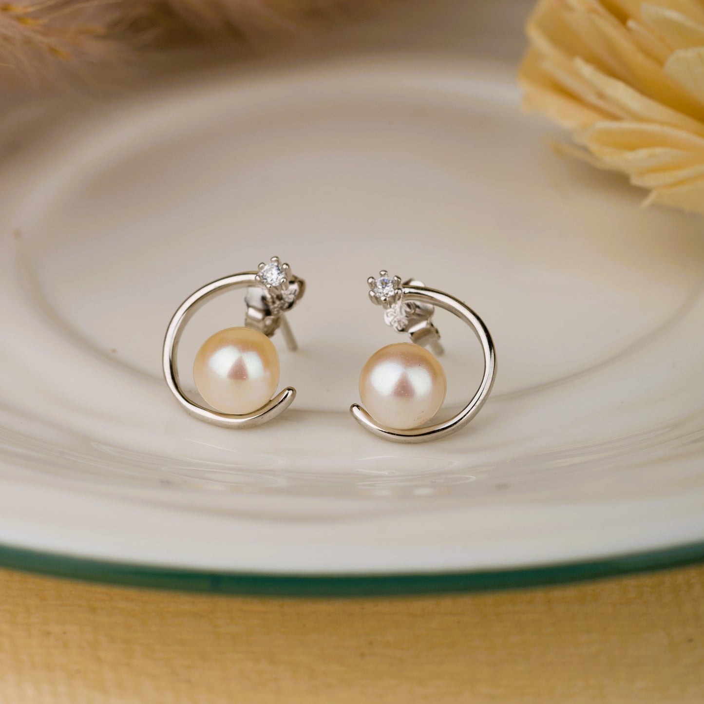 Pearl on Ring Silver Earrings