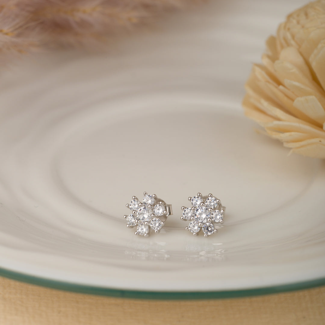 Diamond Floral Silver Earrings